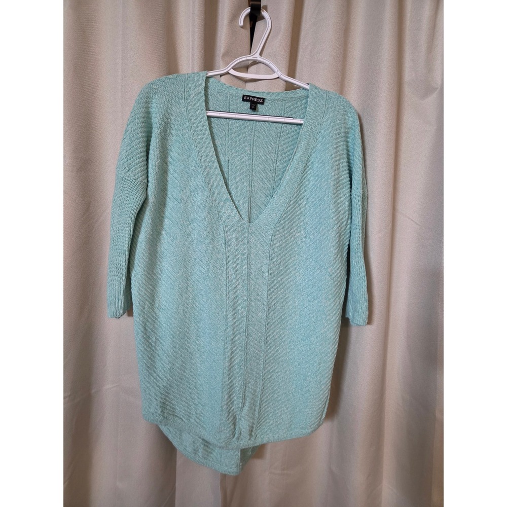 Express Womens Small Mint Green Marl Cotton V-Neck Knit Sweater High Low Hem